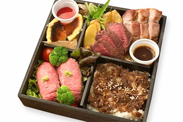 リブロースステーキとポークステーキと黒毛和牛ローストビーフ寿司御膳