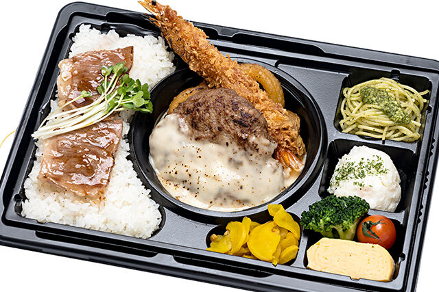 【温まる】黒毛和牛焼肉 とろけるチーズハンバーグと有頭エビフライ弁当
