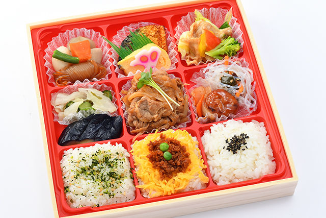 和風牛焼肉とそぼろご飯の彩り9枡弁当