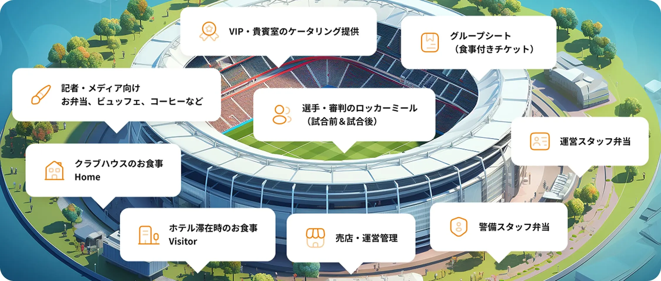 スタジアム全体の食事提供を示すイラスト