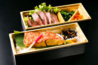 高級ステーキ弁当 あおい亭-金目鯛の西京焼きと国産F1牛ランプステーキの2段重