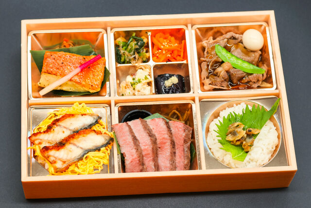 高級ステーキ弁当 あおい亭-あおい亭6枡御膳（A5黒毛和牛イチボステーキ・すき焼き・金目鯛西京焼・うなぎごはん）