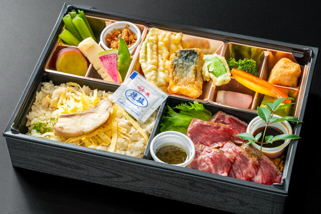 酒肴屋くやすけ-より香ばしくなった旨味の濃い雌牛の国産牛ステーキ天ぷら明石鯛めし御膳
