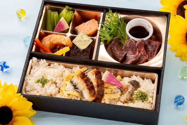 酒肴屋くやすけ-【夏弁当】御影〜Mikage〜より香ばしい厳選牛ステーキと海老チリのうなぎ炊き込み夏御膳