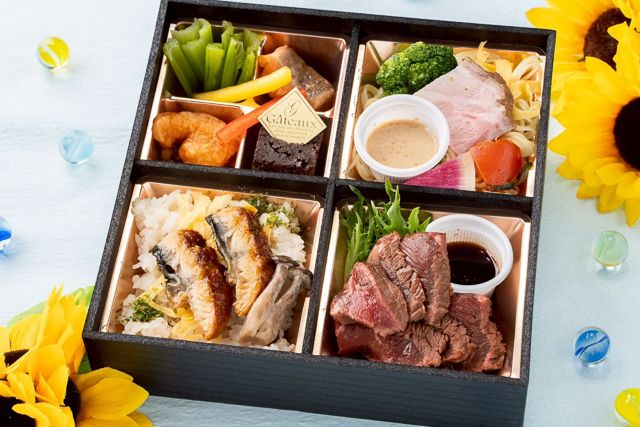 【夏弁当】涼〜Ryou〜冷麺始めました〜牛ステーキ（2倍）と海老チリのうなぎ炊き込み夏御膳