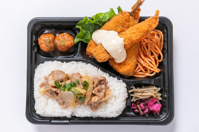 お弁当FACTORY デリ弁-海老フライ＆アジフライと豚生姜焼きご飯弁当