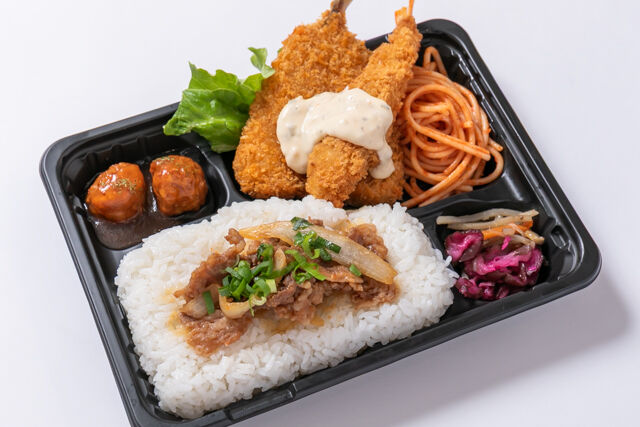 お弁当FACTORY デリ弁-【牛焼肉のせ】海老フライ&アジフライ