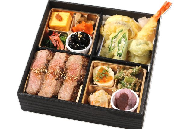 季節の副菜ステーキ重と天麩羅御膳