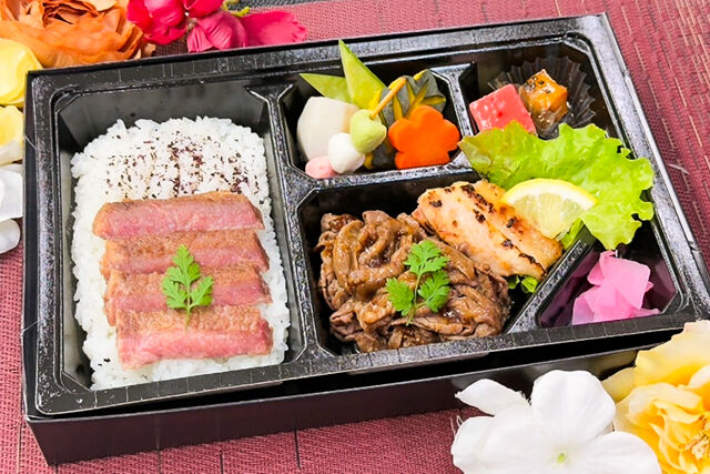 京都弁当 檸檬～れもん～-都（みやこ）A5黒毛和牛焼肉と柔らかステーキ＆鶏肉の西京焼き御膳※ステーキ増量