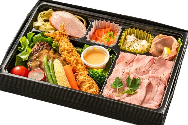 牛タンハンバーグ・ステーキemi-ローストビーフ重と牛タンハンバーグのシャンピニオンソースかけ弁当