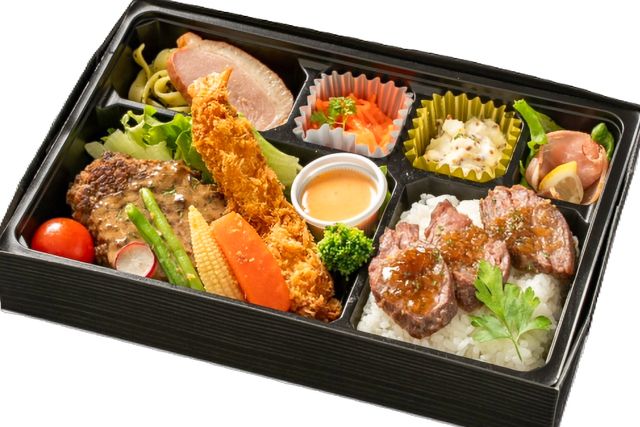 牛タンハンバーグ・ステーキemi-希少部位（サガリ）の牛ステーキとシュリンプフライ＆牛タンハンバーグのシャンピニオンソースかけ弁当