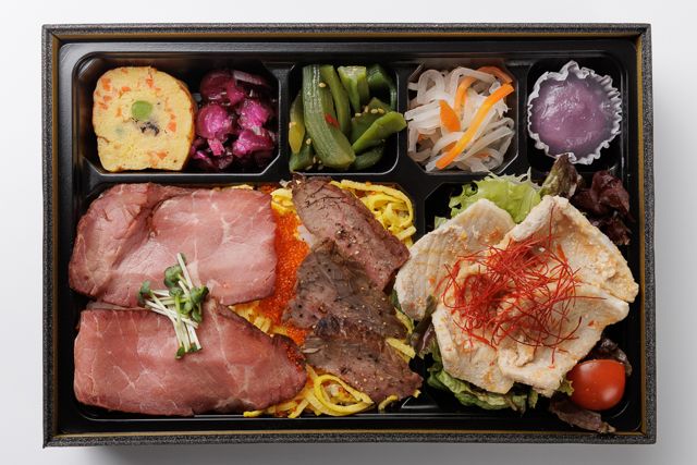 肉懐石 肉匠-四元豚モモの低温調理味噌焼きと2種牛肉の彩り弁当（ローストビーフ、牛ランプ）