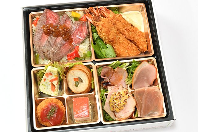 洋食 出水-国産牛ロースステーキとフライドシュリンプの8種彩り弁当