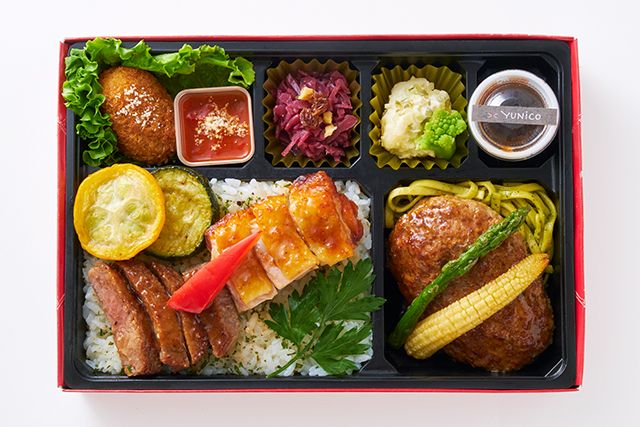 大阪・北新地 イタリア料理 YUNiCO（東京店）-【北新地イタリアンBOX】ステーキハーフ＆チキンローストハーフ＆ハンバーグ～シャリアピンソース～