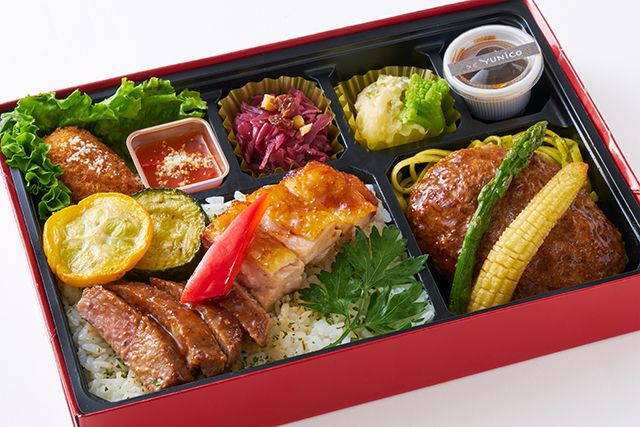 大阪・北新地 イタリア料理 YUNiCO（東京店）-【北新地イタリアンBOX】ステーキハーフ＆チキンローストハーフ＆ハンバーグ～シャリアピンソース～