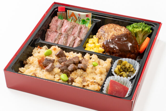 黒毛和牛ステーキ＆手ごねハンバーグ弁当（黒毛和牛炊き込みご飯）
