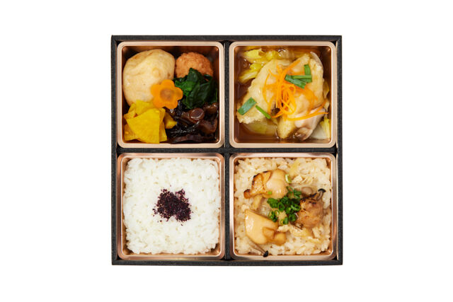 旬魚の餡かけと3種の選べるご飯の松花堂風弁当