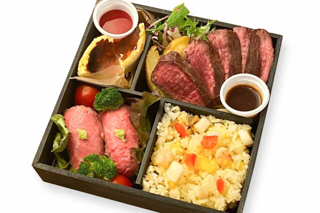 赤身肉のステーキと黒毛和牛ローストビーフ寿司御膳