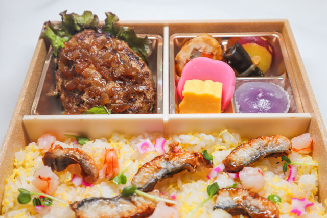 割烹出水-国産牛ハンバーグと鰻と海老のチラシ寿司弁当
