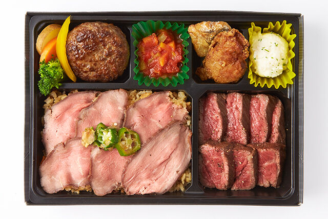 肉ビストロ SPAJIO-【熨斗対応可】極上A5黒毛和牛「北さつま牛」ステーキとローストビーフ肉飯＆ハンバーグ弁当