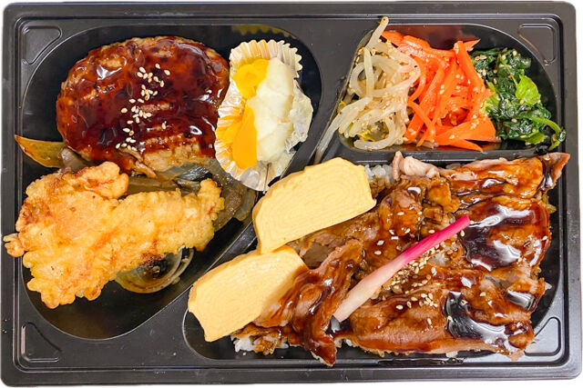 お弁当工房 たれ半-A5ランク黒毛和牛やわらかハンバーグ・からあげのオールスター弁当