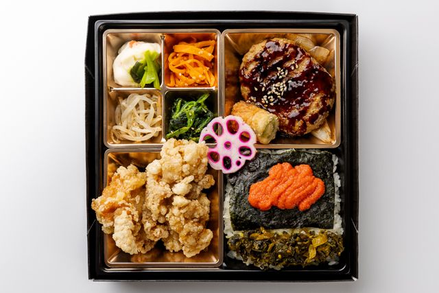 お弁当工房 たれ半-やわらかハンバーグと唐揚げ明太高菜海苔御膳