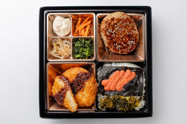 お弁当工房 たれ半-厚切りハムカツ、コロッケとやわらかハンバーグ高菜めんたいのり御膳