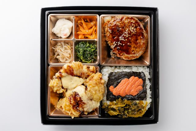 お弁当工房 たれ半-タルタル鳥天とやわらかハンバーグ高菜めんたいのり御膳