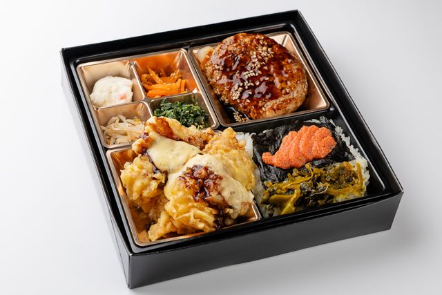 お弁当工房 たれ半-タルタル鳥天とやわらかハンバーグ高菜めんたいのり御膳