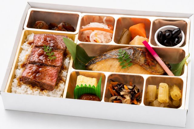 和ごころ膳 樂-【熨斗対応可】さわら柚庵焼きとステーキご飯 華やか膳 ーシャインホワイト紙箱ー